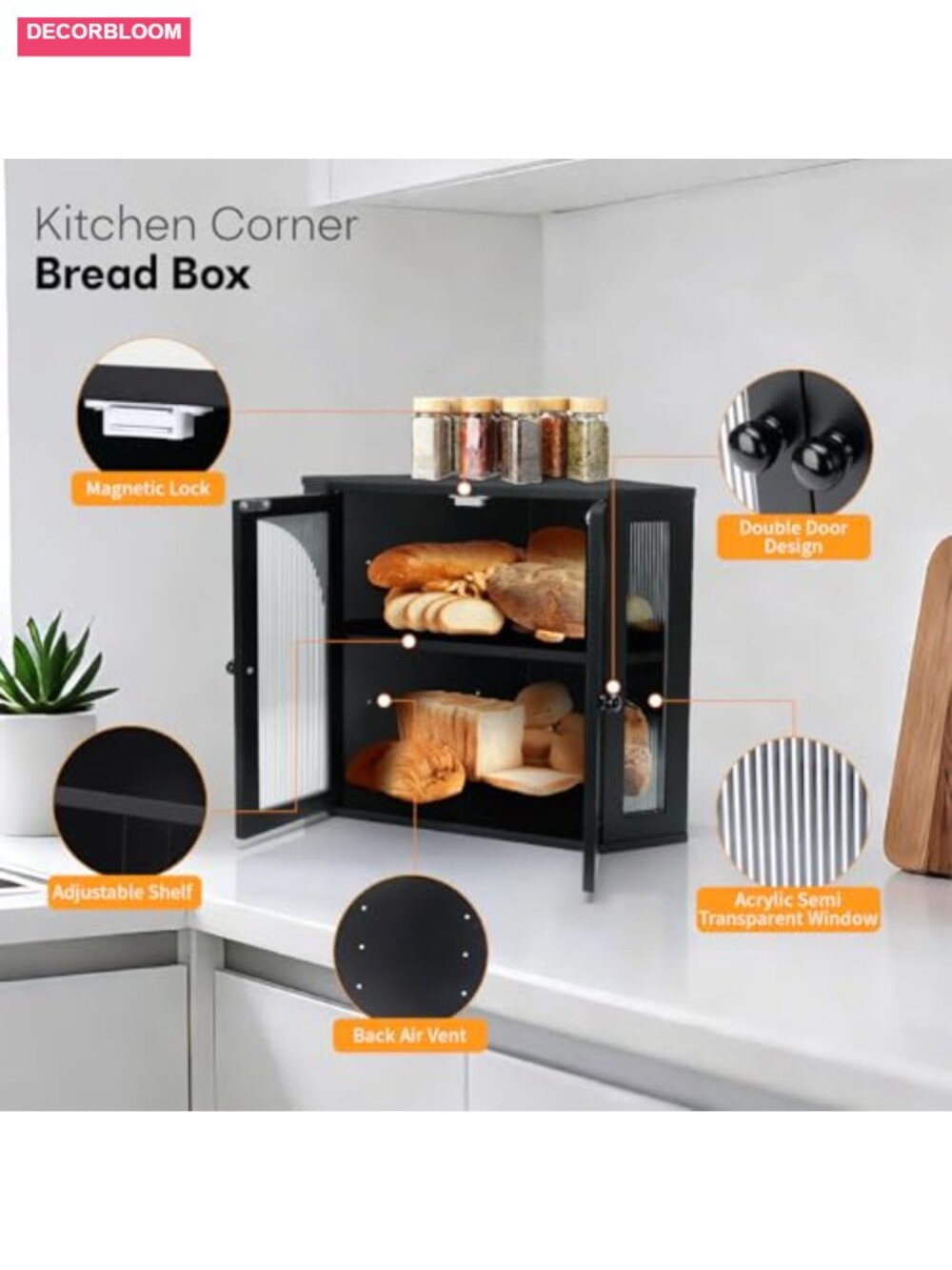 Natural Bamboo Double Layer Corner Bread Box with Adjustable Shelf and Magnetic - Picture 4 of 6